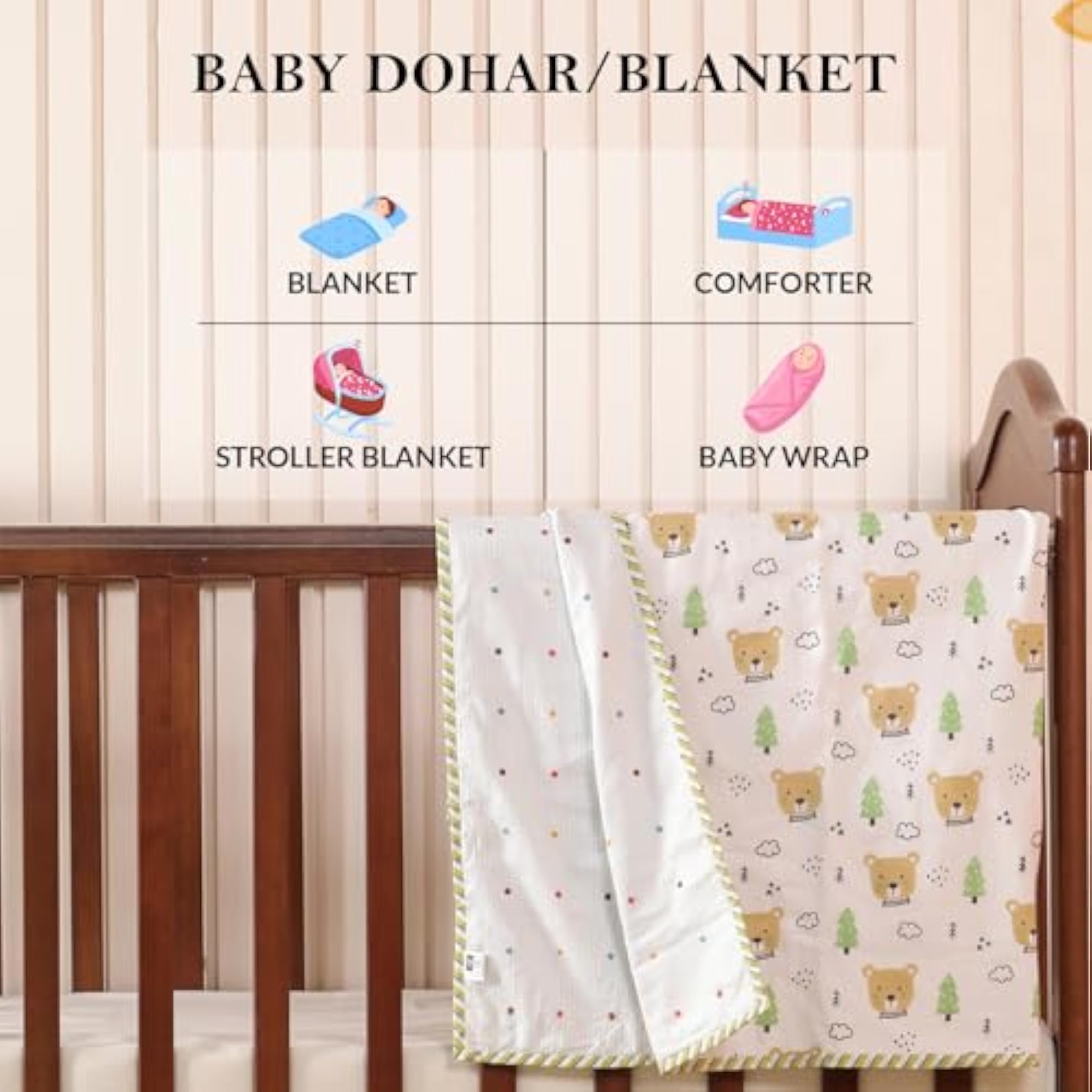 100% Cotton Reversible Dohar for Newborn Baby, 3 Layer